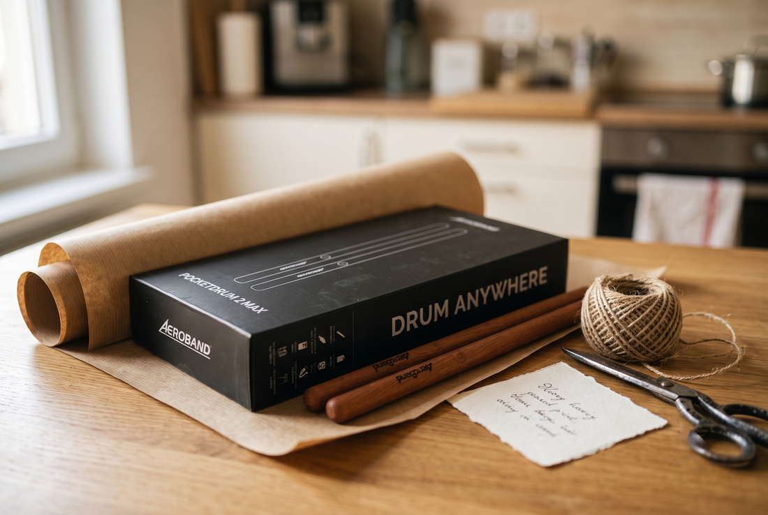 PocketDrum 2 Max-doos en houten drumsticks op een keukentafel naast kraftpapier, touw en een schaar, klaar om als cadeau ingepakt te worden