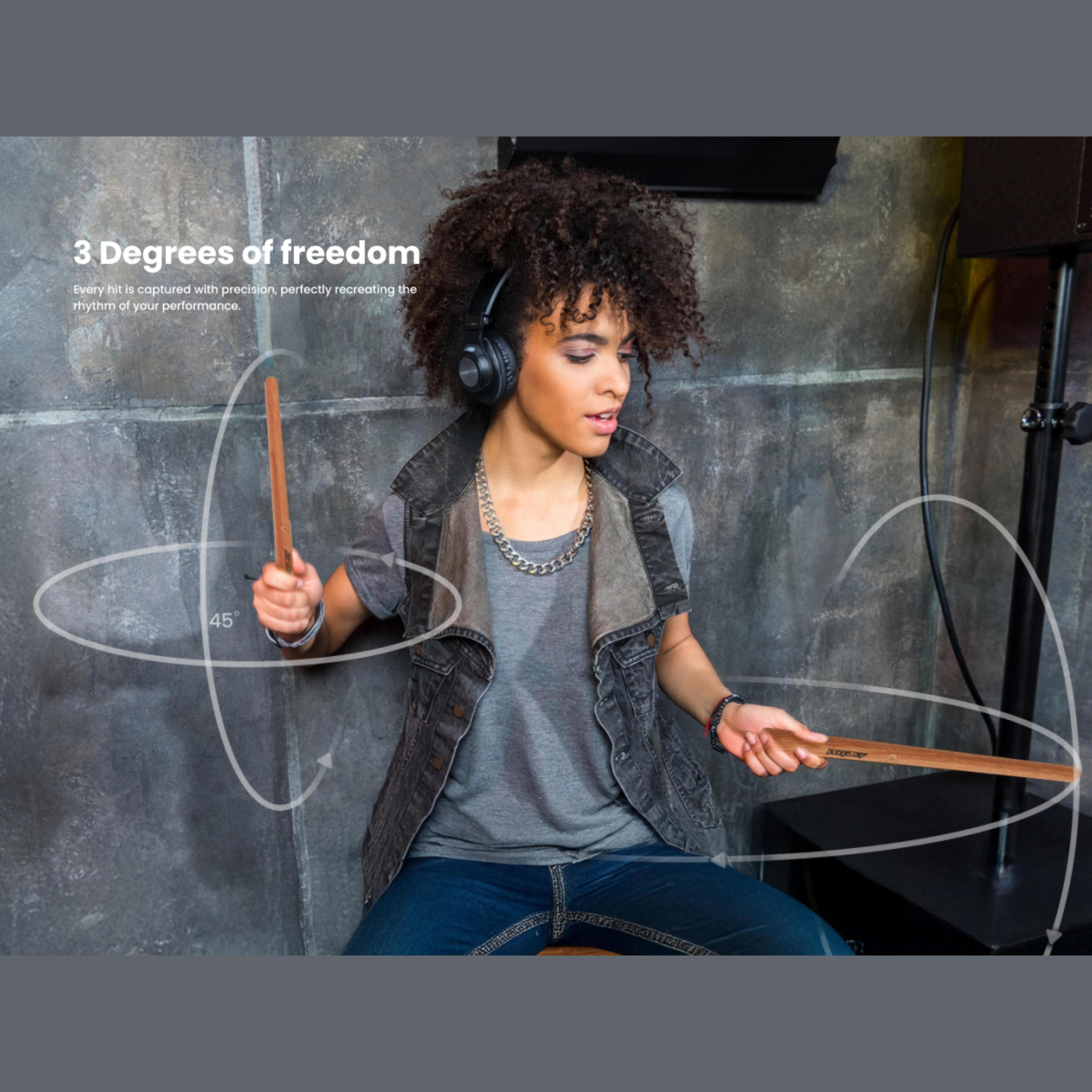 Female drummer using AeroBand PocketDrum 2 Max in a studio setting - Low latency performance